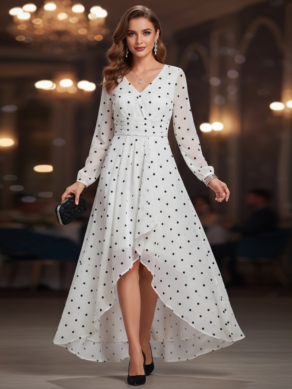 JJs House White and Black Polka Dot High-Low V-Neck Dress